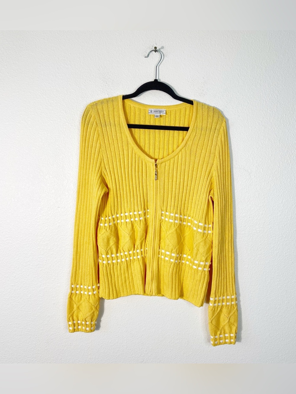 St John Sport Ribbed Zip Up Cardigan Sweater Size Large Yellow Long Sleeve